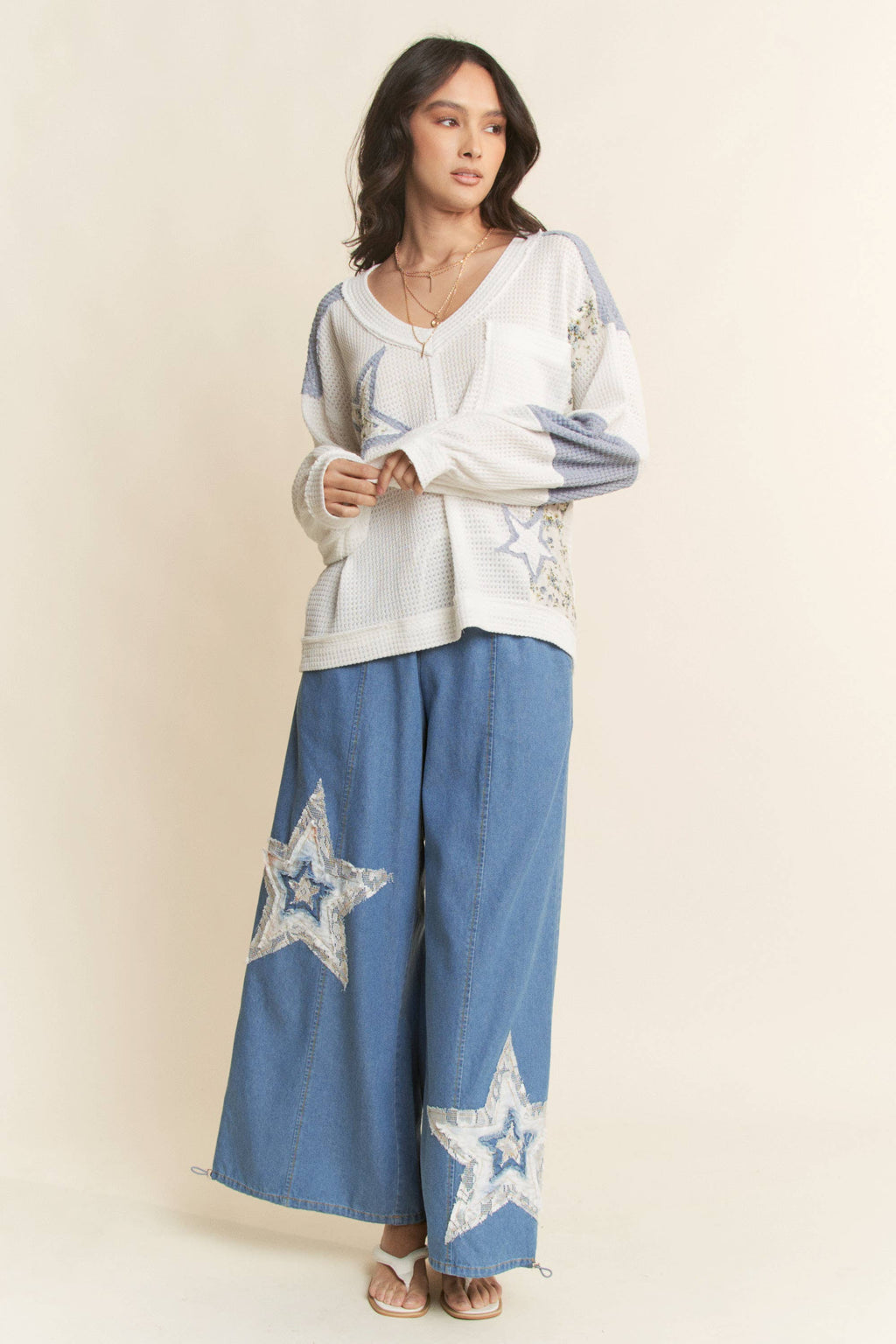 DENIM STAR PATCHWORK ELASTIC WAISTBAND PANTS