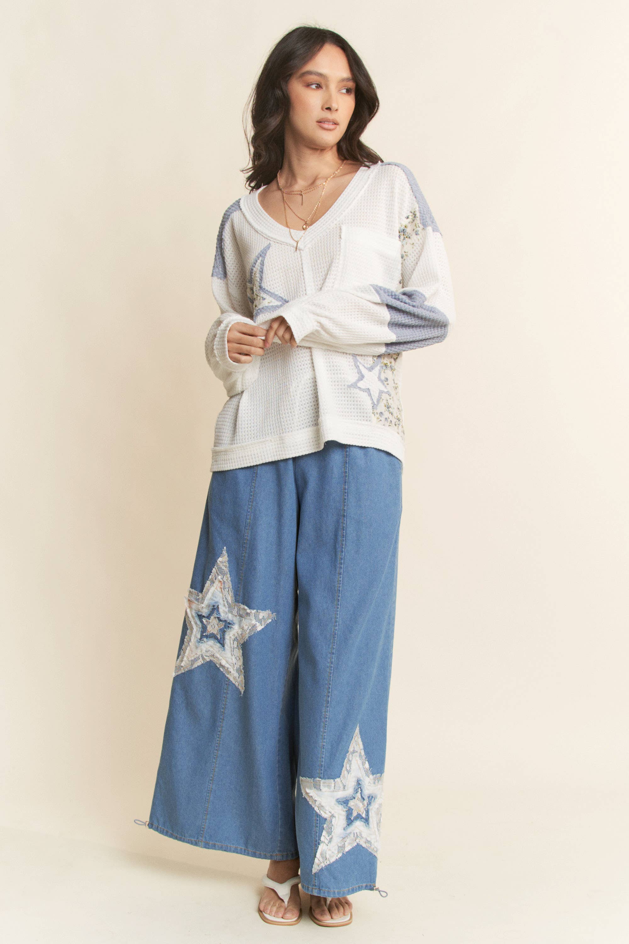 DENIM STAR PATCHWORK ELASTIC WAISTBAND PANTS