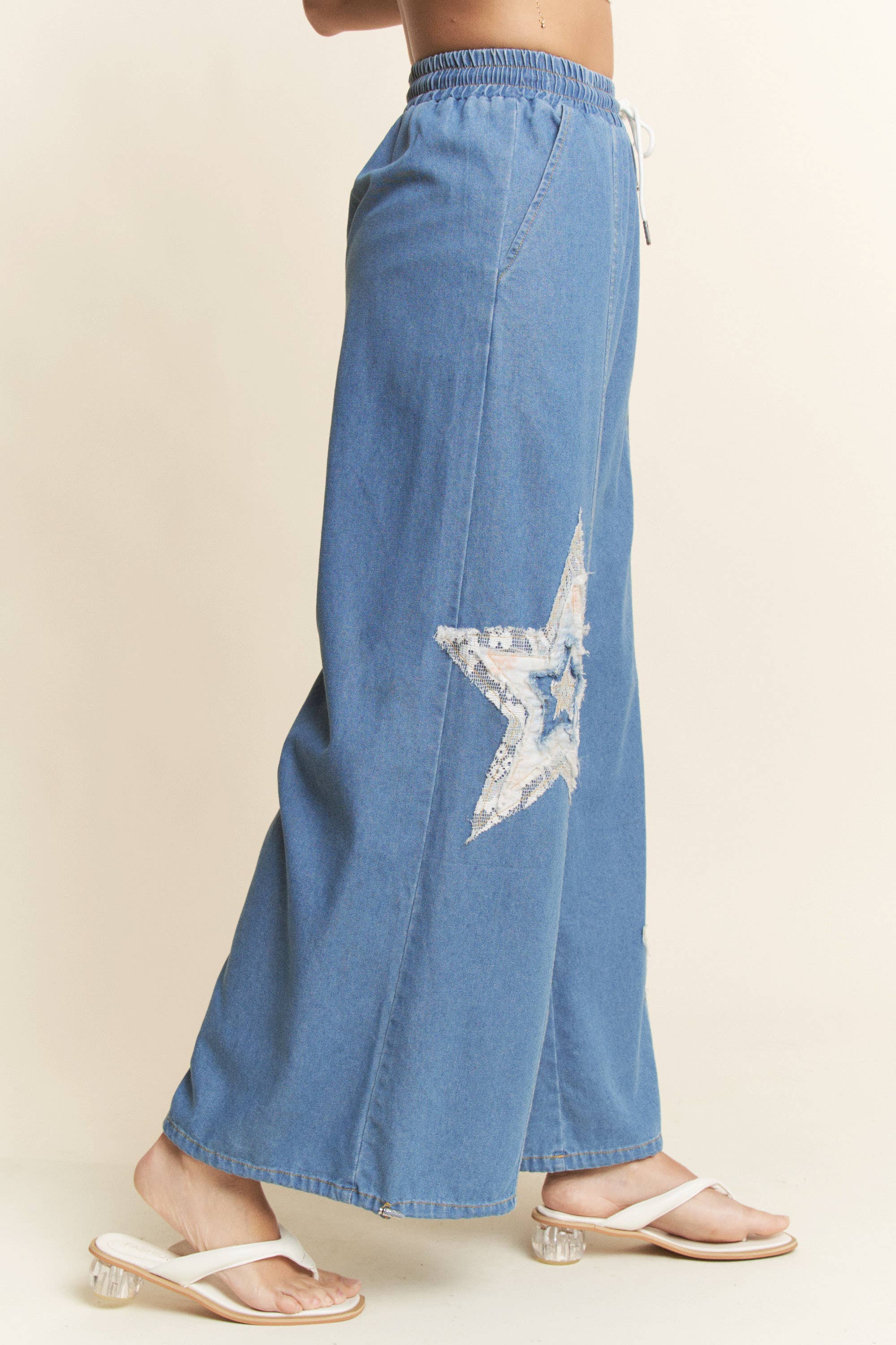 DENIM STAR PATCHWORK ELASTIC WAISTBAND PANTS