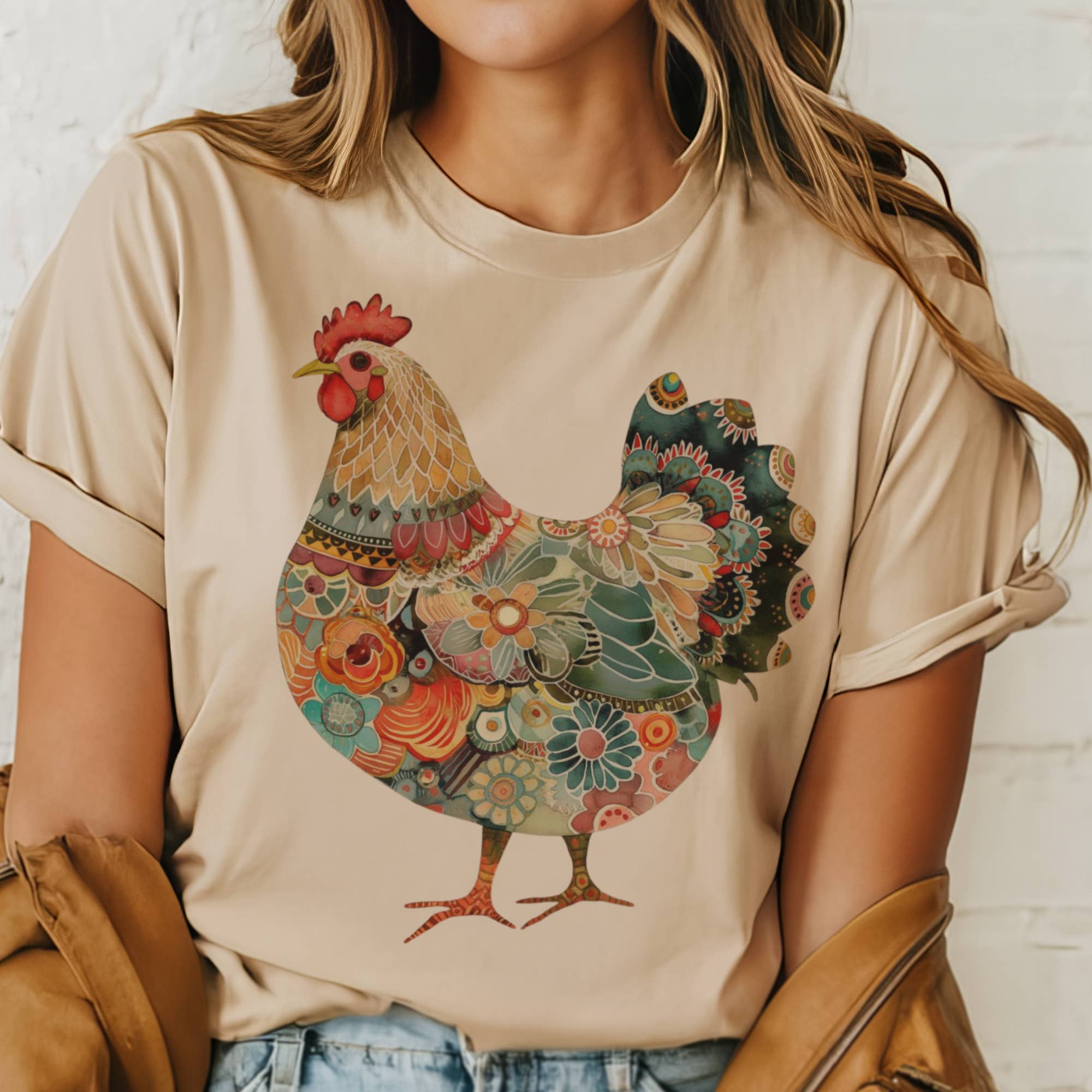 Colorful Chicken Farm Country Western Cowgirl Graphic Tee