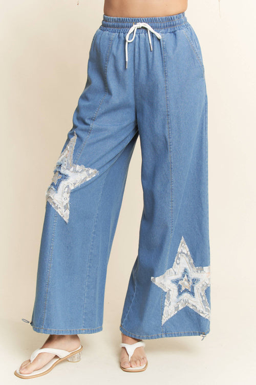 DENIM STAR PATCHWORK ELASTIC WAISTBAND PANTS