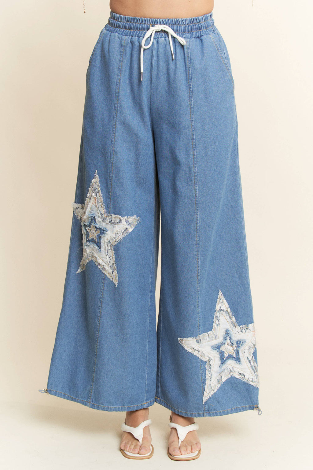 DENIM STAR PATCHWORK ELASTIC WAISTBAND PANTS