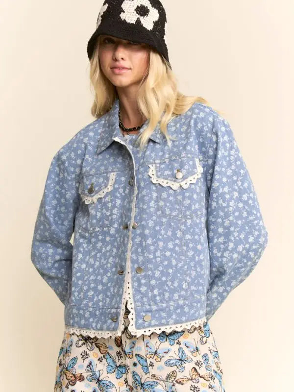 Denim Floral Printed Lace Edge Jacket