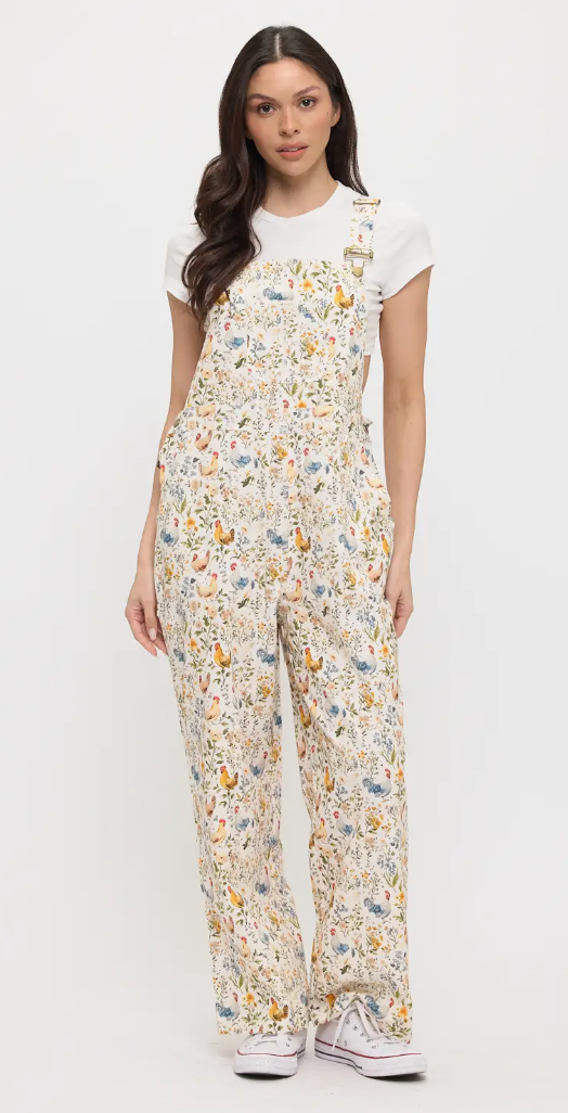 Rooster and Floral Print Overalls