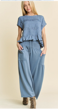 Ruffle Cap Sleeve Top and Waistband Pants Set