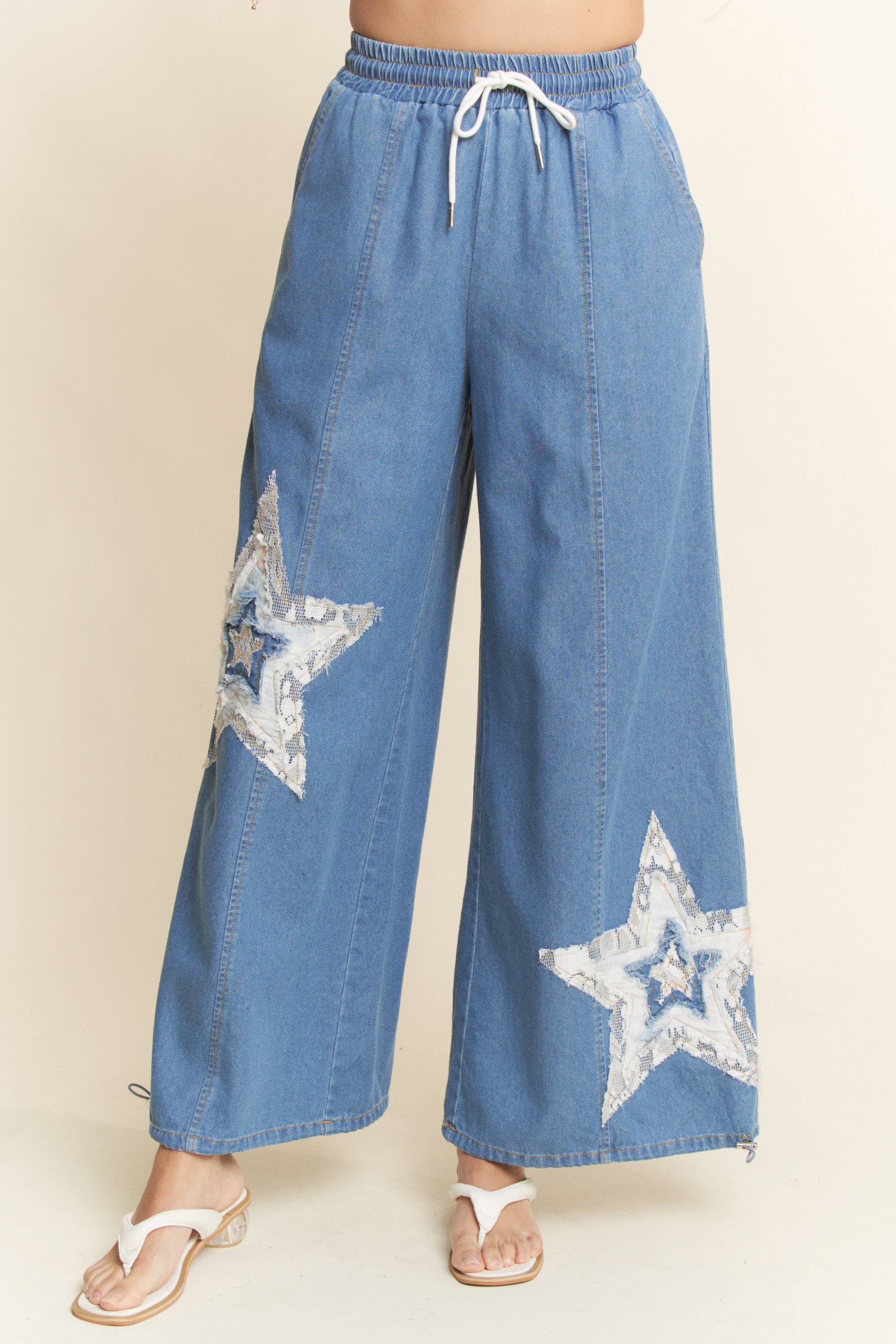 DENIM STAR PATCHWORK ELASTIC WAISTBAND PANTS