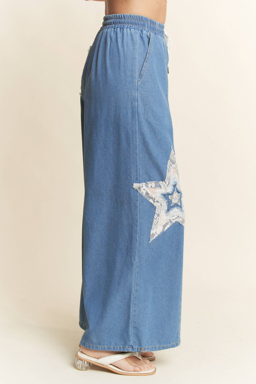DENIM STAR PATCHWORK ELASTIC WAISTBAND PANTS