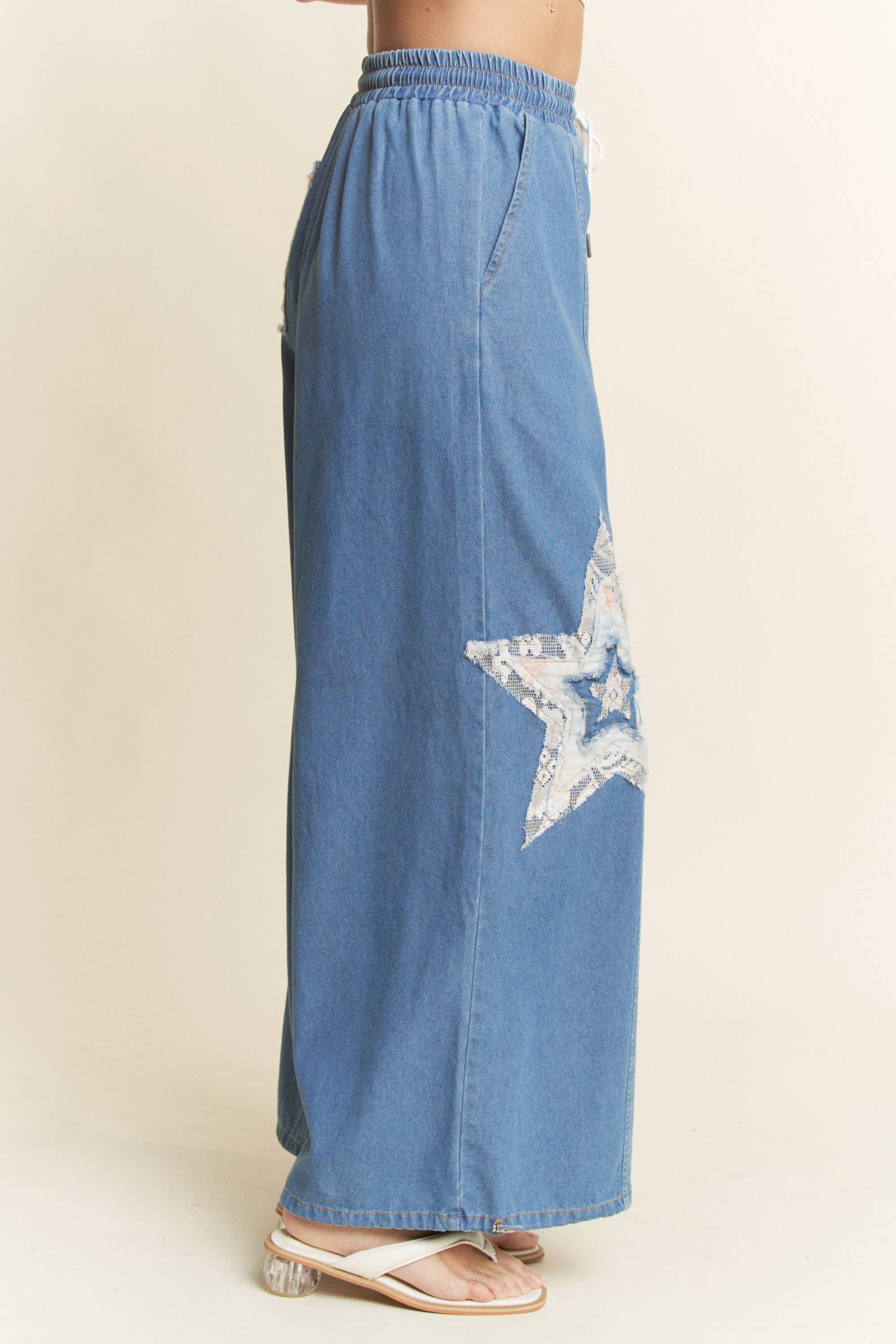 DENIM STAR PATCHWORK ELASTIC WAISTBAND PANTS