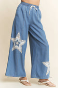 DENIM STAR PATCHWORK ELASTIC WAISTBAND PANTS